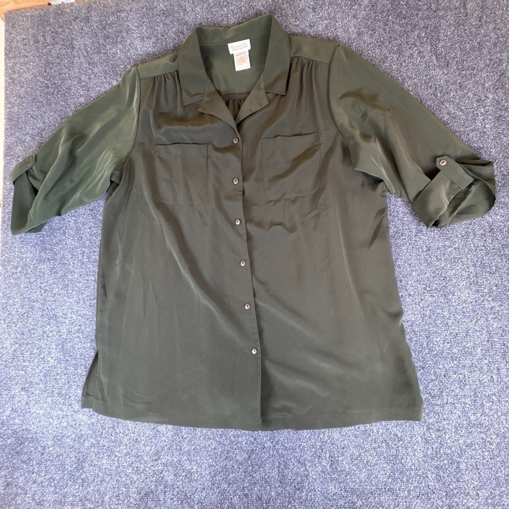 Roaman's Shirt Womens Olive Green Roll Tab Sleeve Camp Collar Casual READ